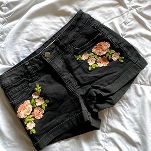flower embroidered black shorts